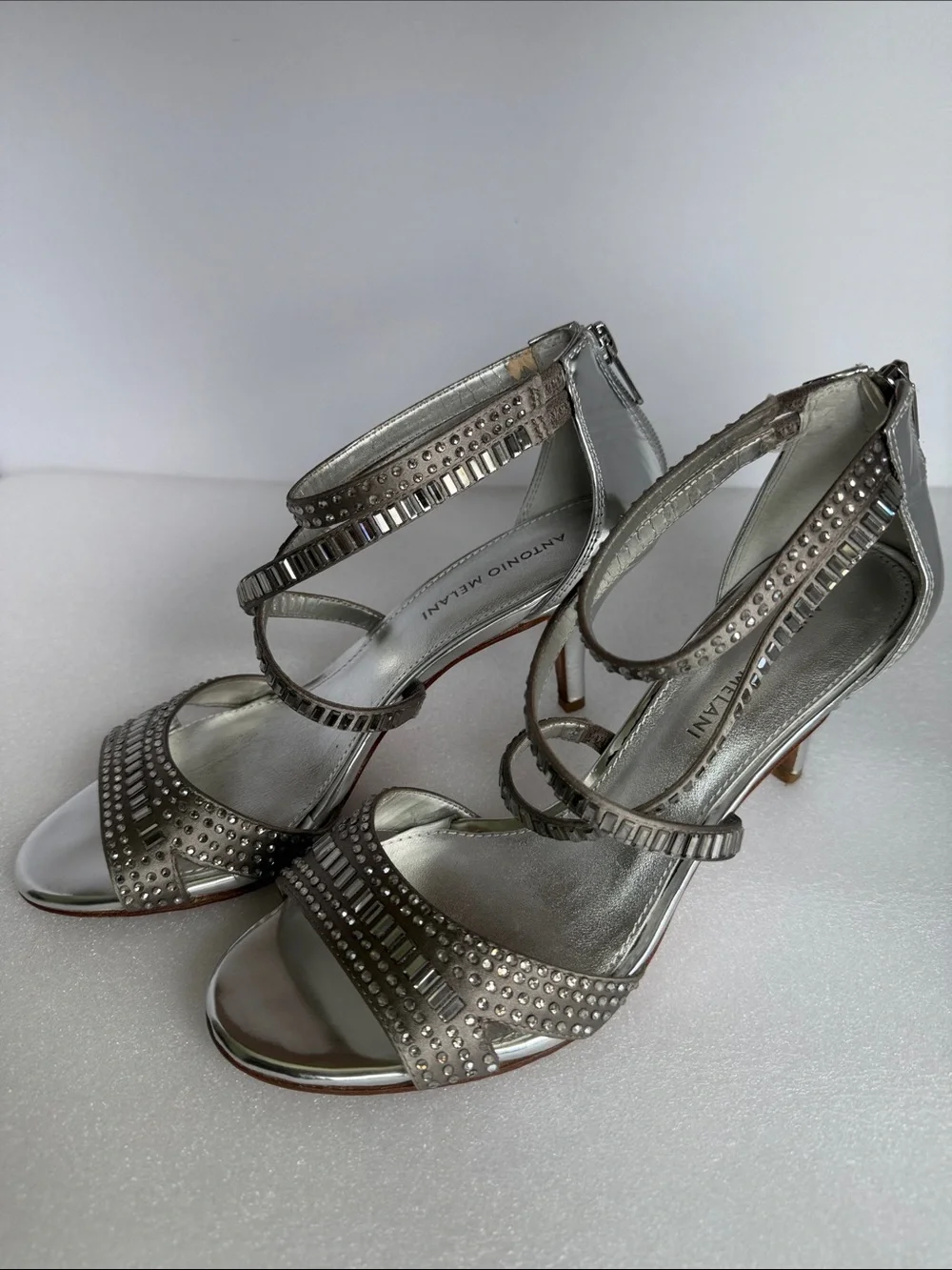 ANTONIO MELANI Tess Silver Rhinestone Strappy Heels Sandals Size 9M